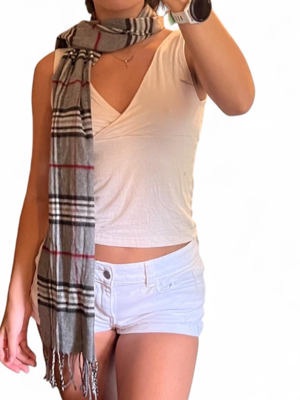 V. FRAAS Gray Plaid Fringe Scarf with Red Stripes